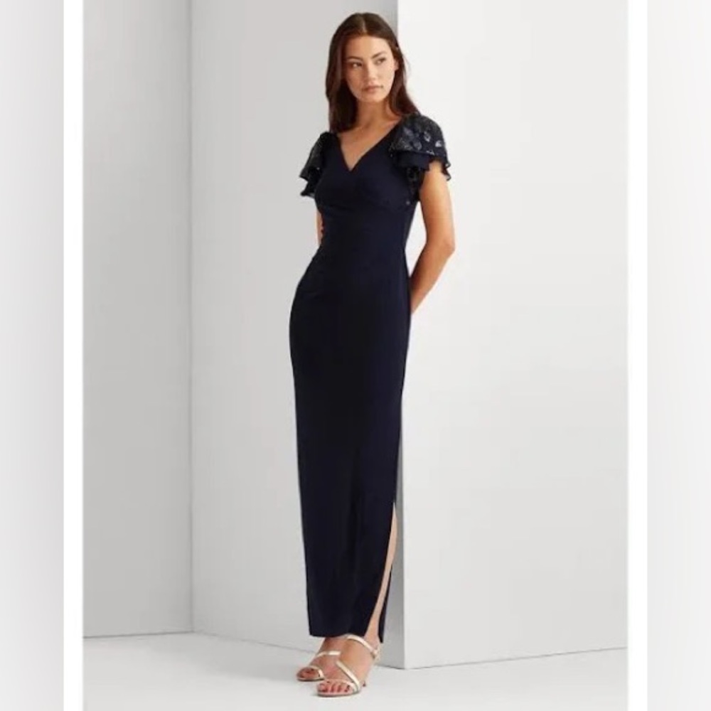 Lauren Ralph Lauren Embellished Flutter-Sleeve Gown - Lighthouse Navy - Size 16